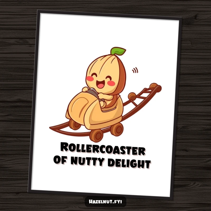 Funny free printable wall art of a joyful hazelnut character riding a whimsical roller coaster made of chocolate bits.