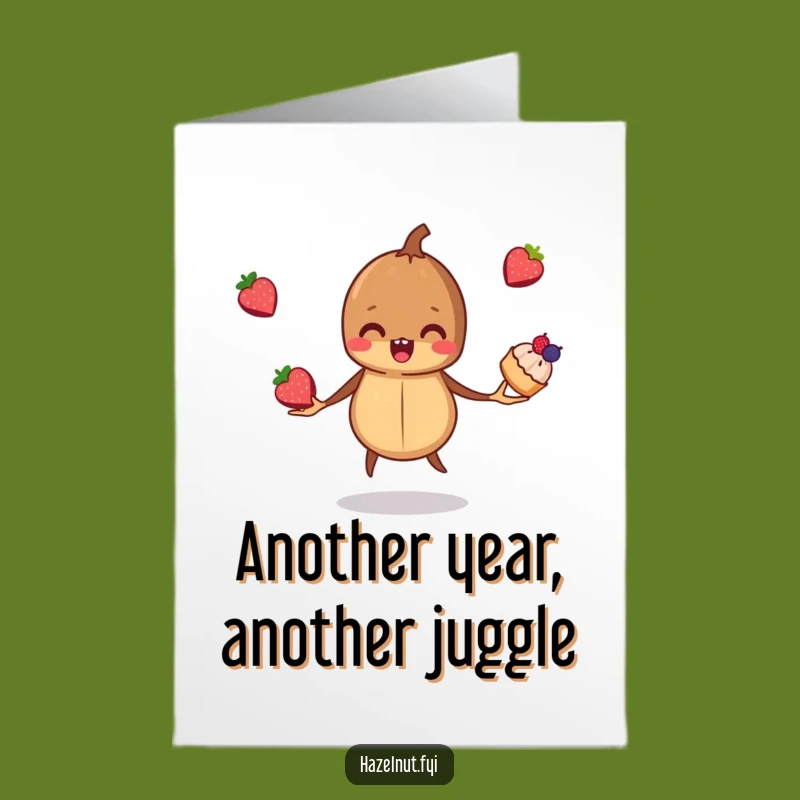 Free Printable Birthday Card: Mischievous Hazelnut Pastry Juggler, Perfect DIY Downloadable Gift!