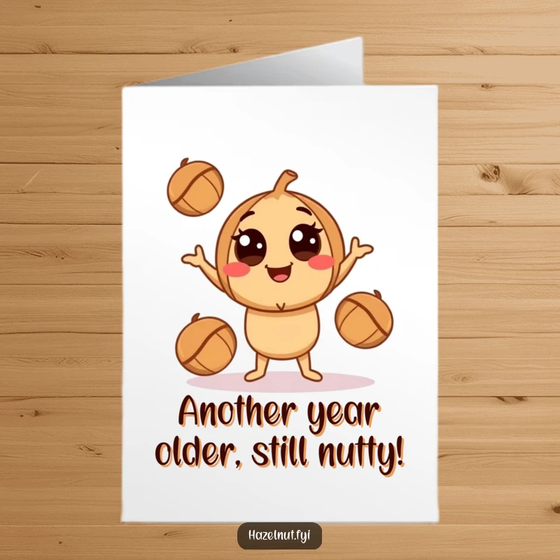 Funny Free Printable Birthday Card: A smiling hazelnut character with big eyes playfully juggling three smaller hazelnuts, celebrating a birthday.