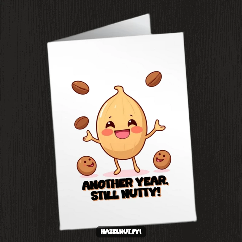 Funny Free Printable Birthday Card: A wide-grinning hazelnut expertly juggles tiny coffee beans, full of morning energy.