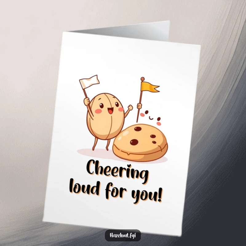 Funny Free Printable Birthday Card: Hazelnuts cheer and wave flags at a cookie, celebrating a sweet occasion. Downloadable art.