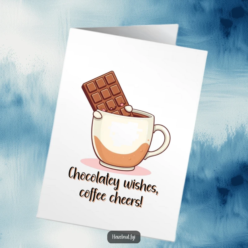 Funny Free Printable Birthday Card with a blushing chocolate bar leaping into a giant steaming mug of coffee, perfect for coffee lovers.