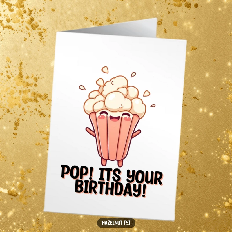 Funny Free Printable Birthday Card featuring a cheerful popcorn kernel bursting upwards with a delighted expression, celebrating a special day.