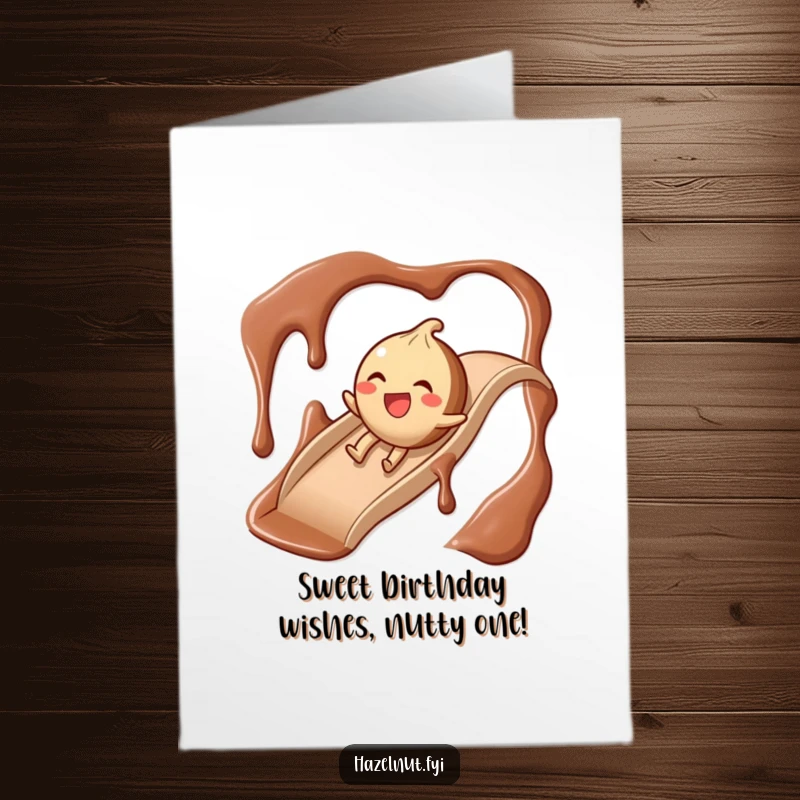 Funny Free Printable Birthday Card: A giggling hazelnut slides gleefully down a rich chocolate syrup slide.