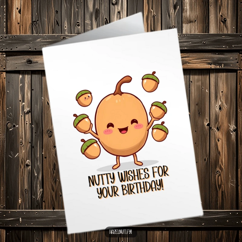 Funny Free Printable Birthday Card featuring a smiling hazelnut expertly juggling three acorns with tiny arms.