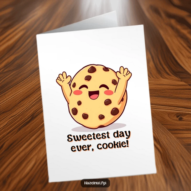 Funny Free Printable Birthday Card: A giggling chocolate chip cookie with arms raised in pure delight and happiness.