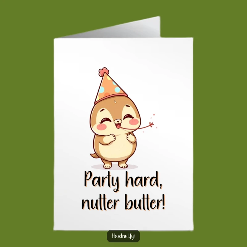 Free Printable Birthday Card: Giggling Hazelnut Party Time - Funny Downloadable Celebration Gift