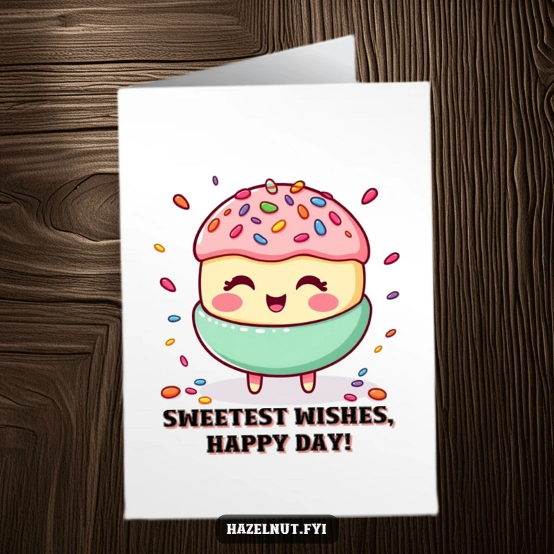 Funny Free Printable Birthday Card with a happy macaroon giggling while juggling colorful candy sprinkles, a whimsical treat for a special day.