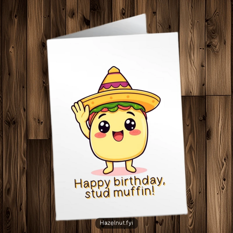 Funny Free Printable Birthday Card featuring a happy taco saluting with a tiny sombrero, a festive downloadable greeting.