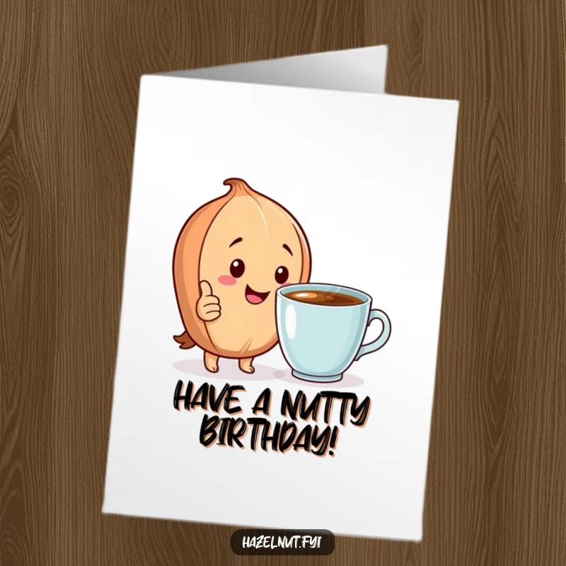 Funny Free Printable Birthday Card: A happy hazelnut character giving a big thumbs up next to a steaming cup.