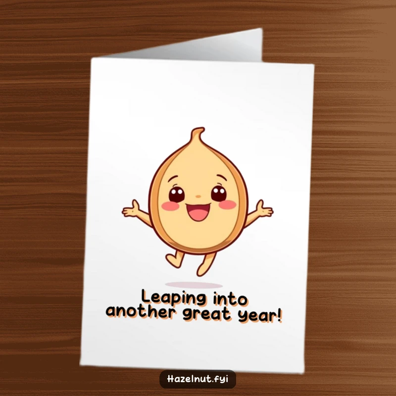 Funny Free Printable Birthday Card: A cheerful hazelnut with a wide grin leaps high in pure joy.