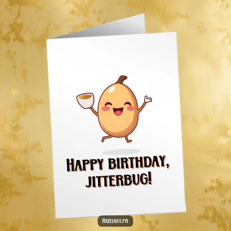 Funny Free Printable Birthday Card: Smiling hazelnut with legs does a joyful jig holding a coffee cup.