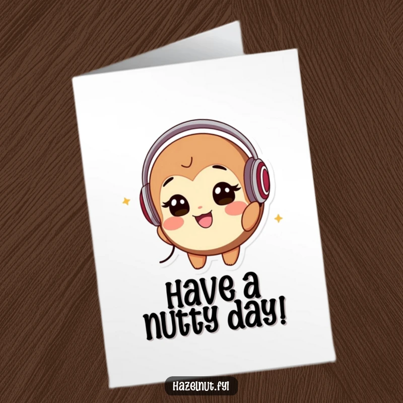 Funny Free Printable Birthday Card: A smiling hazelnut wearing headphones grooves to music, ready to party.