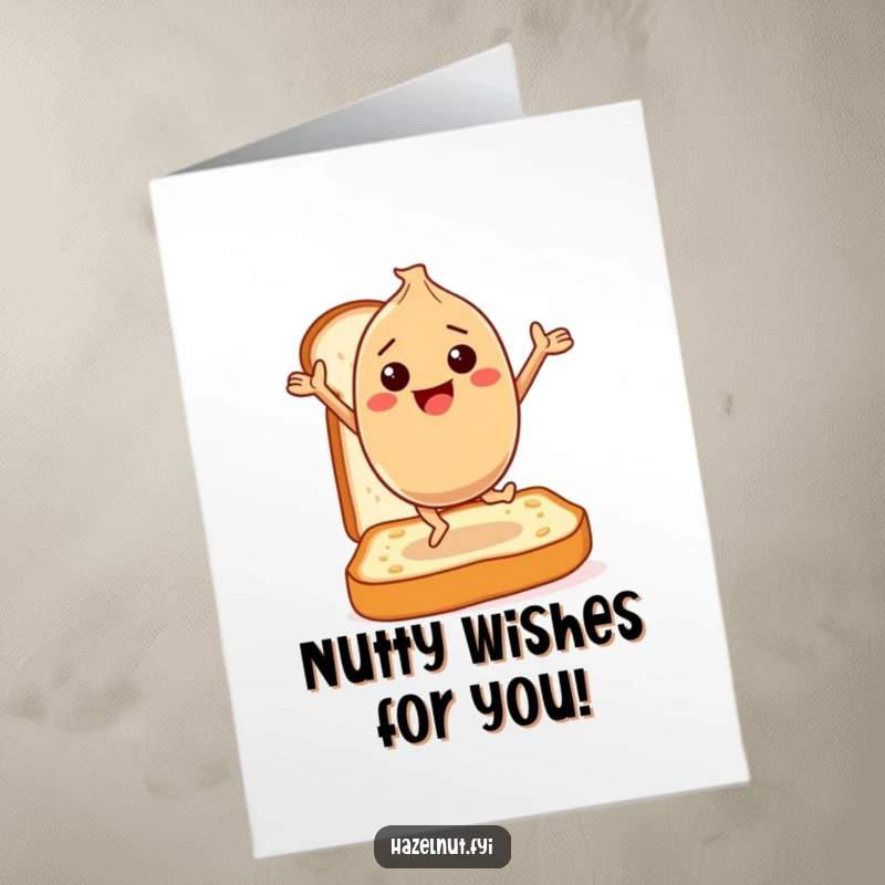 Funny Free Printable Birthday Card: A happy hazelnut dances joyfully atop a slice of toast, celebrating with nutty glee.