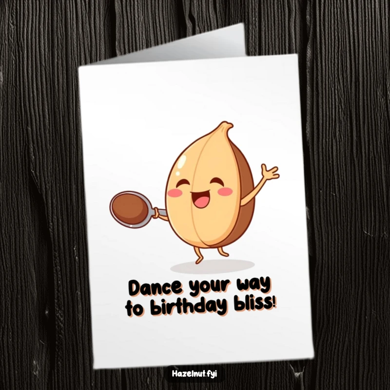 Funny Free Printable Birthday Card features a joyful hazelnut dancing happily with a spoon, celebrating with infectious enthusiasm.