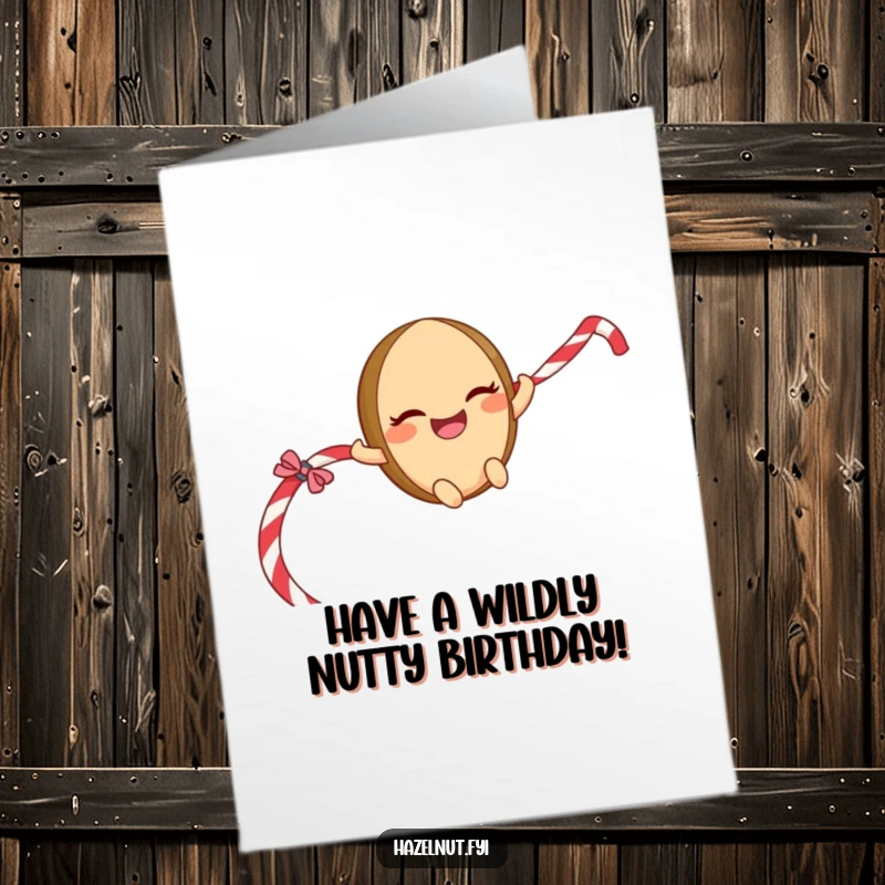Funny Free Printable Birthday Card: A giggling hazelnut character with a mischievous grin sliding down a licorice rope, celebrating with zest.