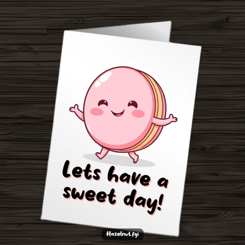 Funny Free Printable Birthday Card: A cheerful macaron with a wide smile doing a happy little shuffle dance.