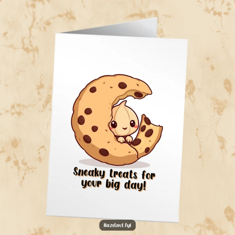 Funny Free Printable Birthday Card: A mischievous hazelnut peeks out playfully from behind a massive, partially eaten cookie.