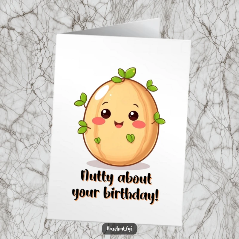 Funny Free Printable Birthday Card featuring a joyful hazelnut with happy eyes sprouting green leaves, spreading birthday cheer.