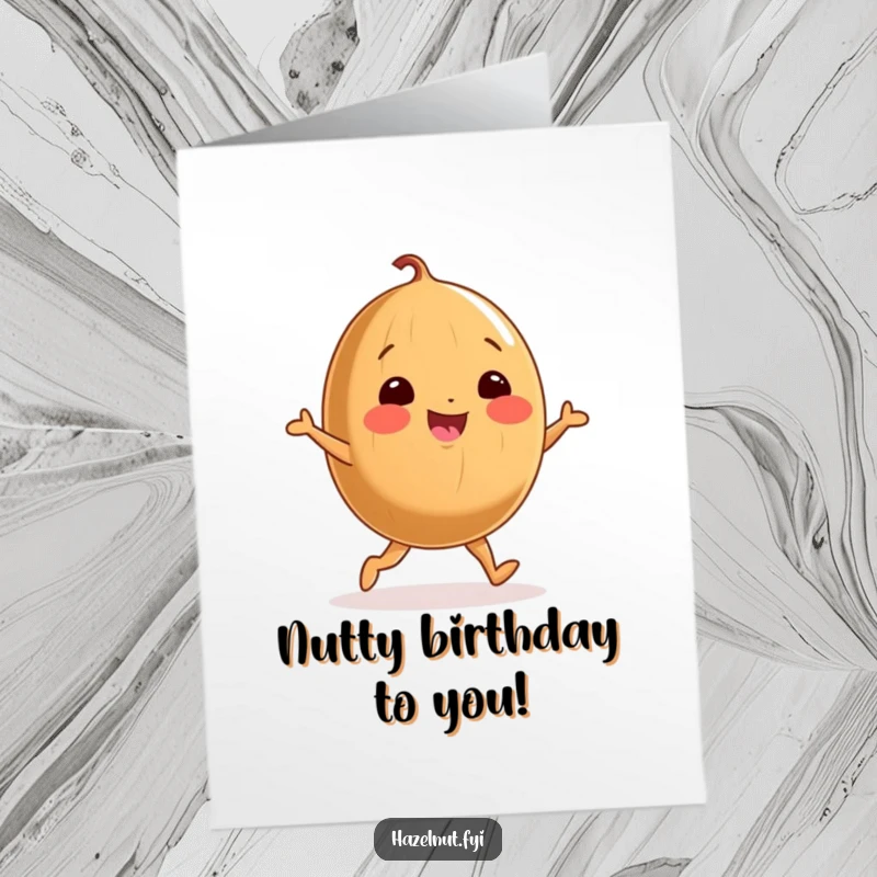 Funny Free Printable Birthday Card: Cheerful, round hazelnut with tiny legs performs a happy dance.
