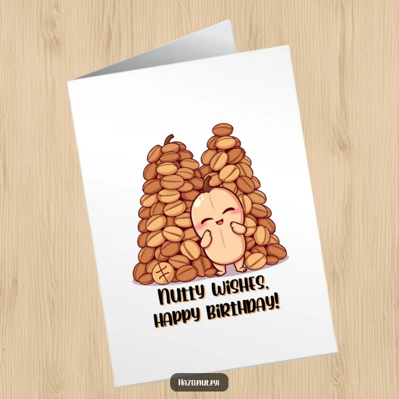 Funny Free Printable Birthday Card with a winking hazelnut posing proudly next to a huge pile of nuts, a humorous birthday greeting.