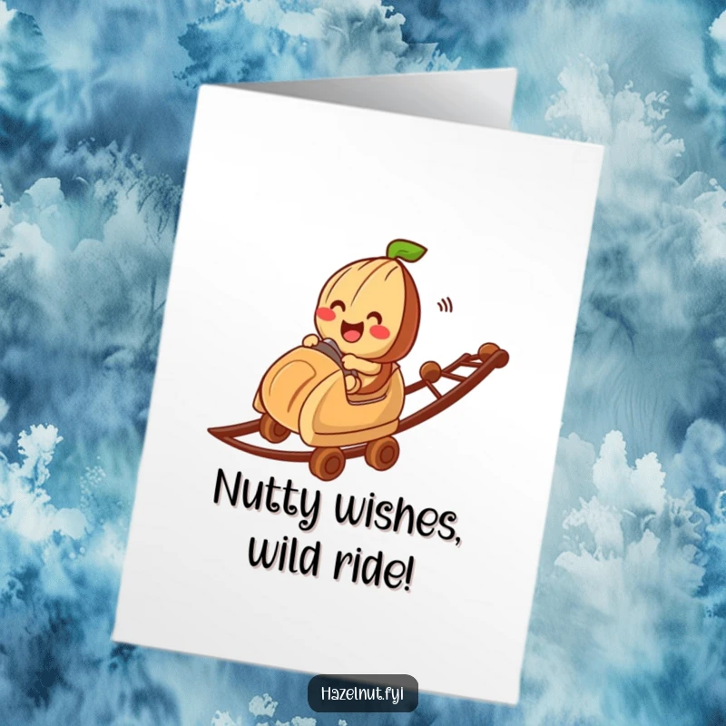 Funny free printable birthday card showing a happy hazelnut character riding a chocolate bit roller coaster with pure joy.