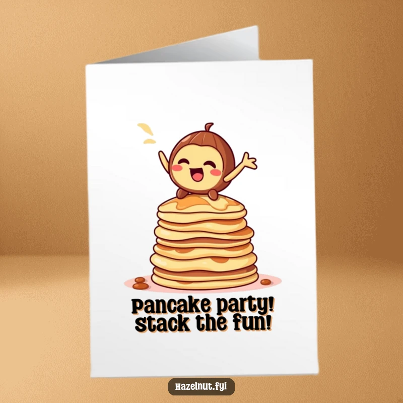 Funny Free Printable Birthday Card: A playful hazelnut strikes a dramatic pose atop a towering stack of fluffy pancakes.