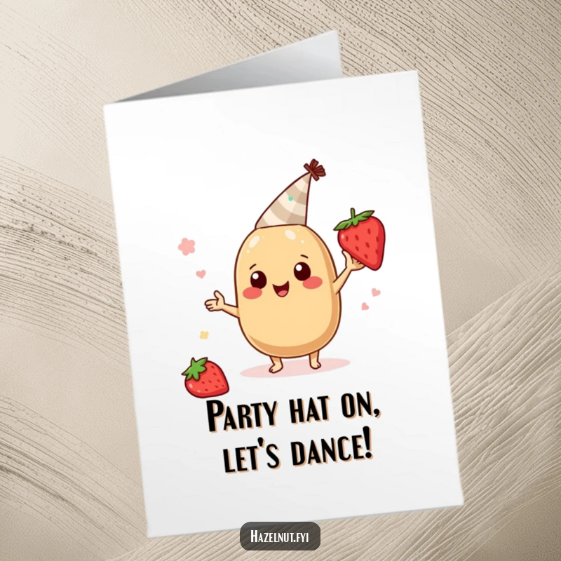 Funny Free Printable Birthday Card: A cheerful hazelnut in a party hat dances joyfully with a strawberry slice.