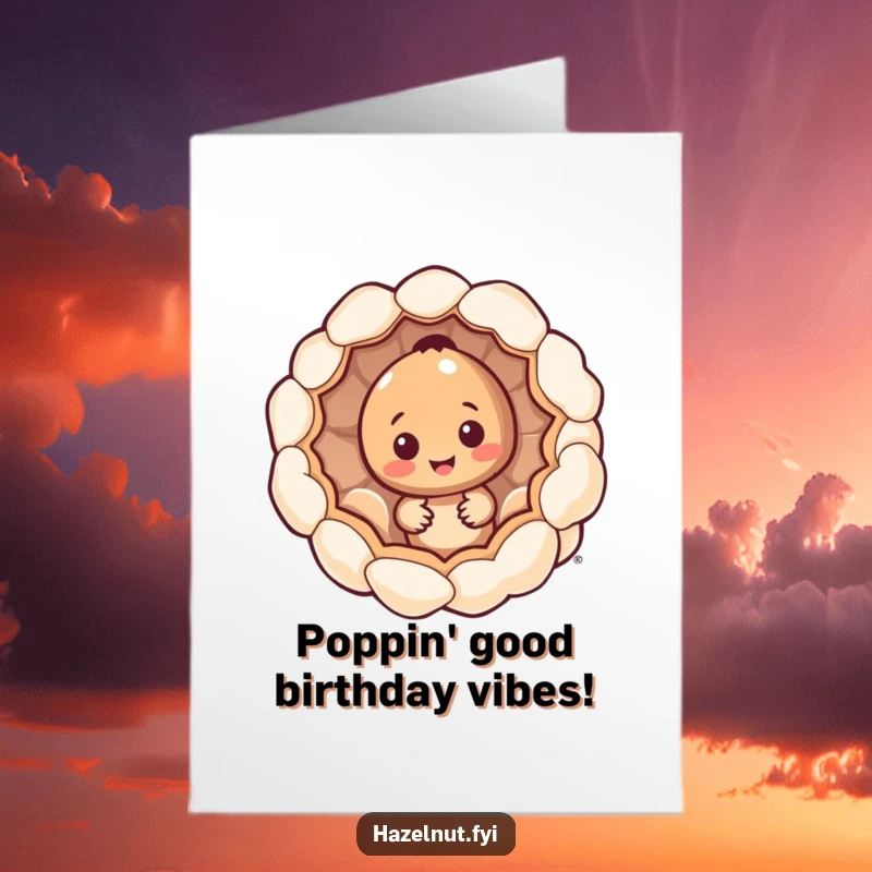 Funny Free Printable Birthday Card: A charming hazelnut peeks out from a giant, hollowed-out popcorn kernel, ready to celebrate.