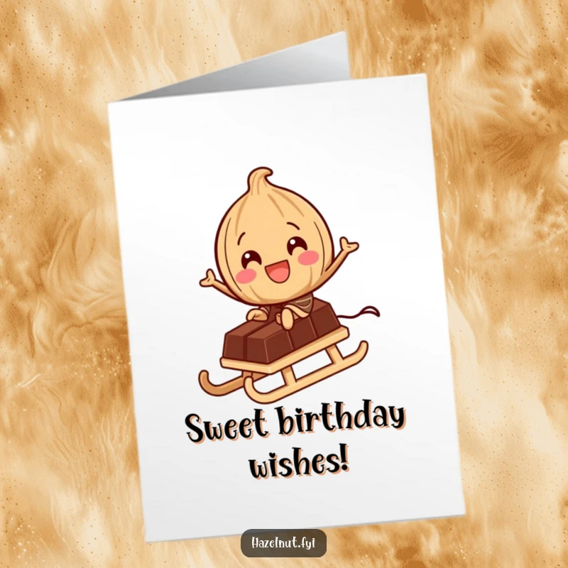 Funny Free Printable Birthday Card: A delighted hazelnut hilariously sleds down a tiny chocolate bar, embracing sweet adventure.