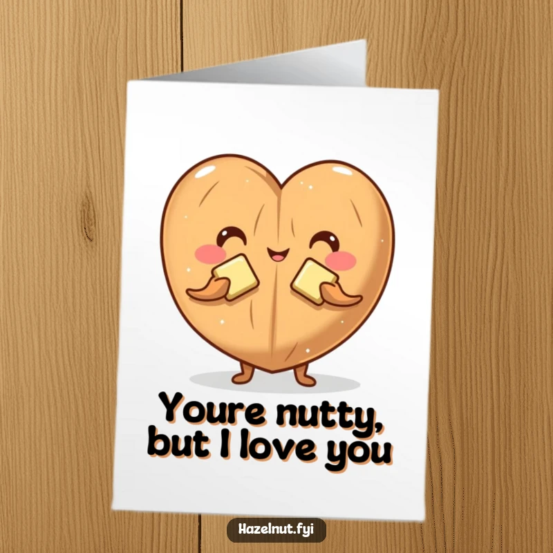 Funny Free Printable Birthday Card featuring a cute hazelnut character making a heart with butter pats, spreading love and laughs.