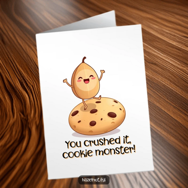 Funny Free Printable Congratulations Card: A hazelnut character with legs dances with glee atop a huge cookie.