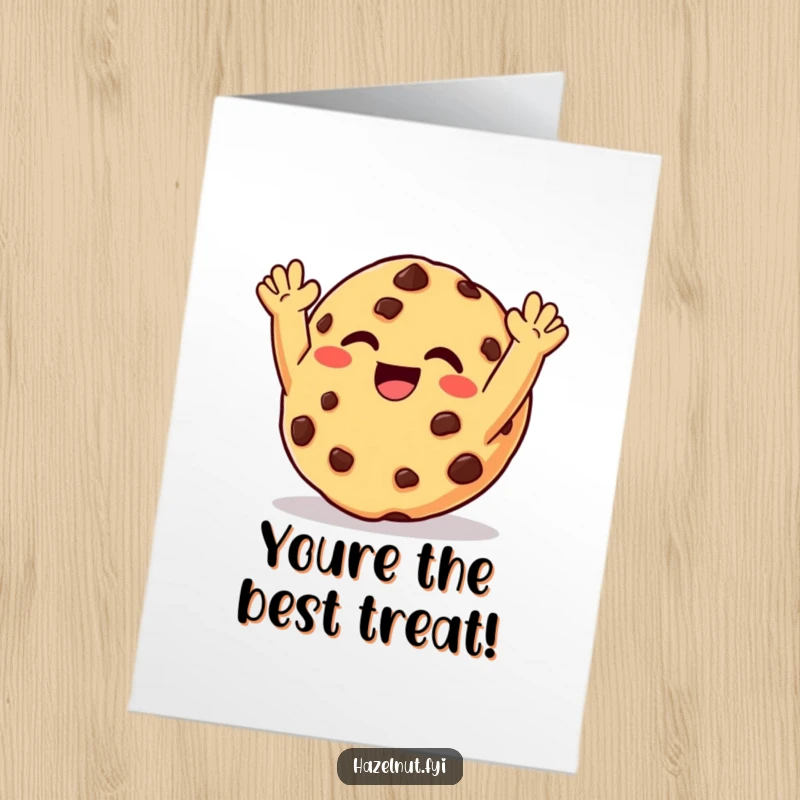 Funny Free Printable Congratulations Card: A chocolate chip cookie giggling with arms raised high in celebration.