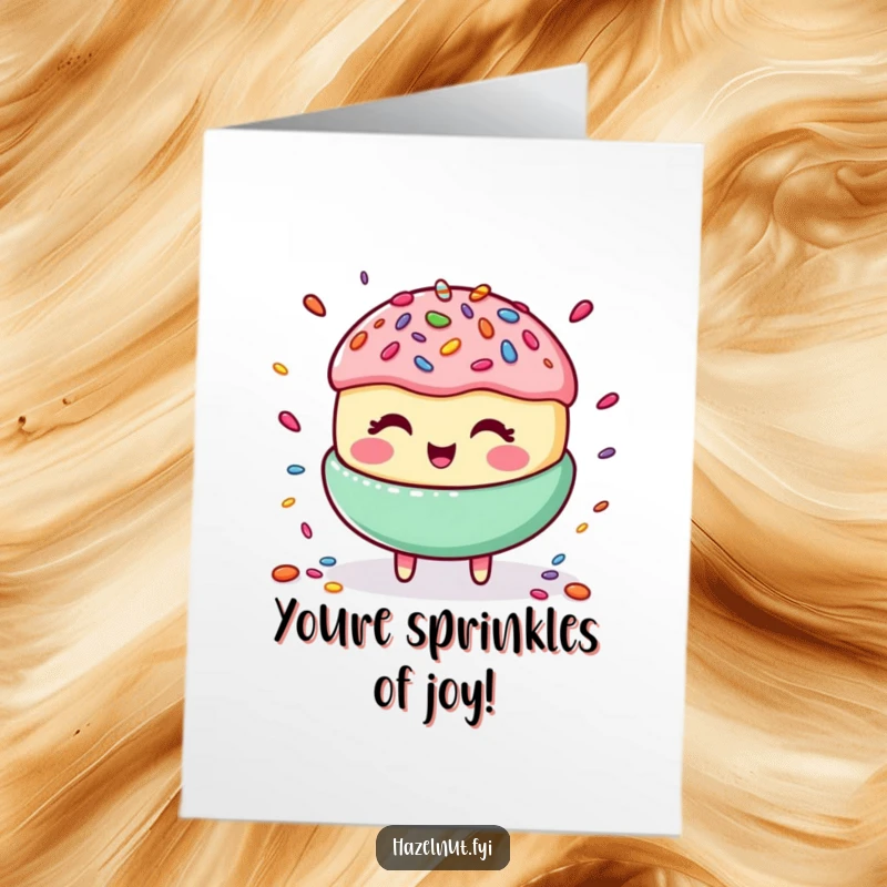 Funny Free Printable Congratulations Card showing a happy macaroon chuckling while juggling vibrant candy sprinkles, a joyful celebratory design.