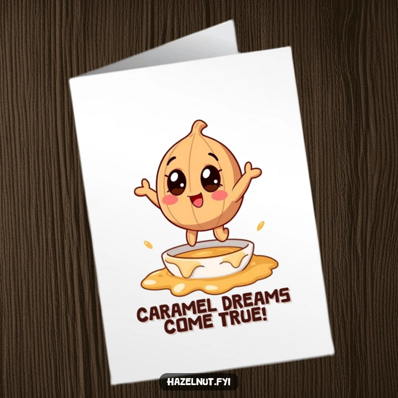 Funny free printable congratulations card of a hazelnut character making an excited leap into a bowl of gooey melting caramel.