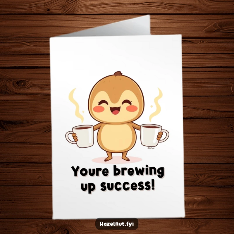Funny Free Printable Congrats Card: A cheerful hazelnut juggles coffee cups, celebrating success with energetic glee.