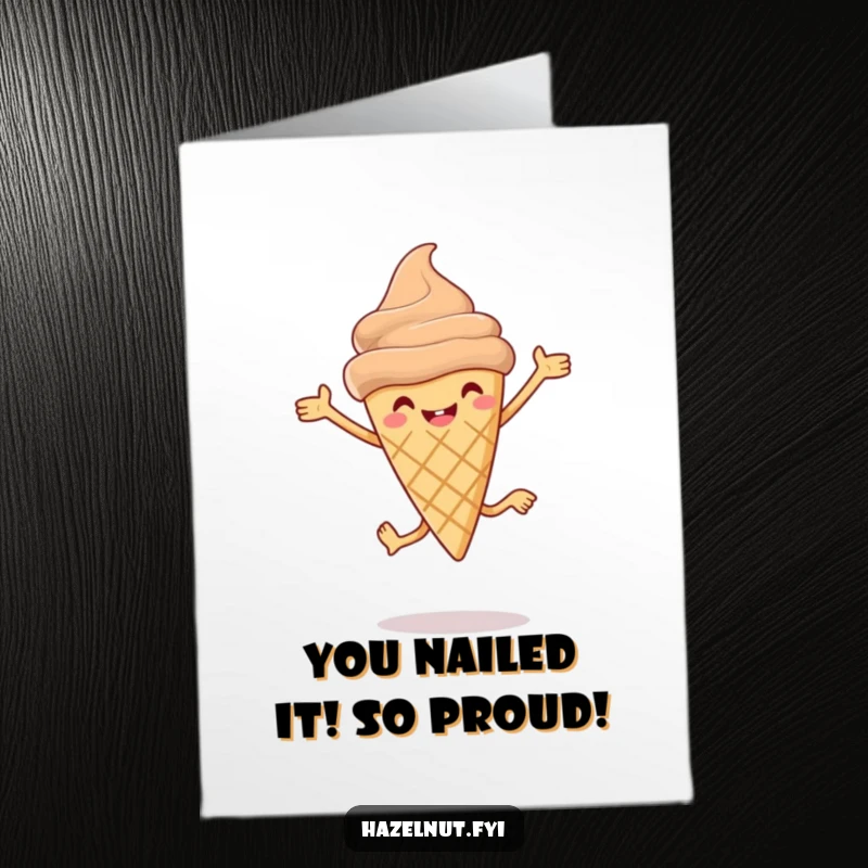 Funny Free Printable Congratulations Card: Cheerful Hazelnut Ice Cream Cone Leaping with Tiny Legs in Excitement
