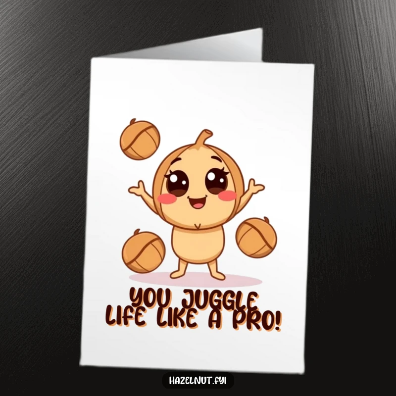 Funny Free Printable Congratulations Card: A smiling hazelnut character with big eyes playfully juggling three smaller hazelnuts, celebrating a win.