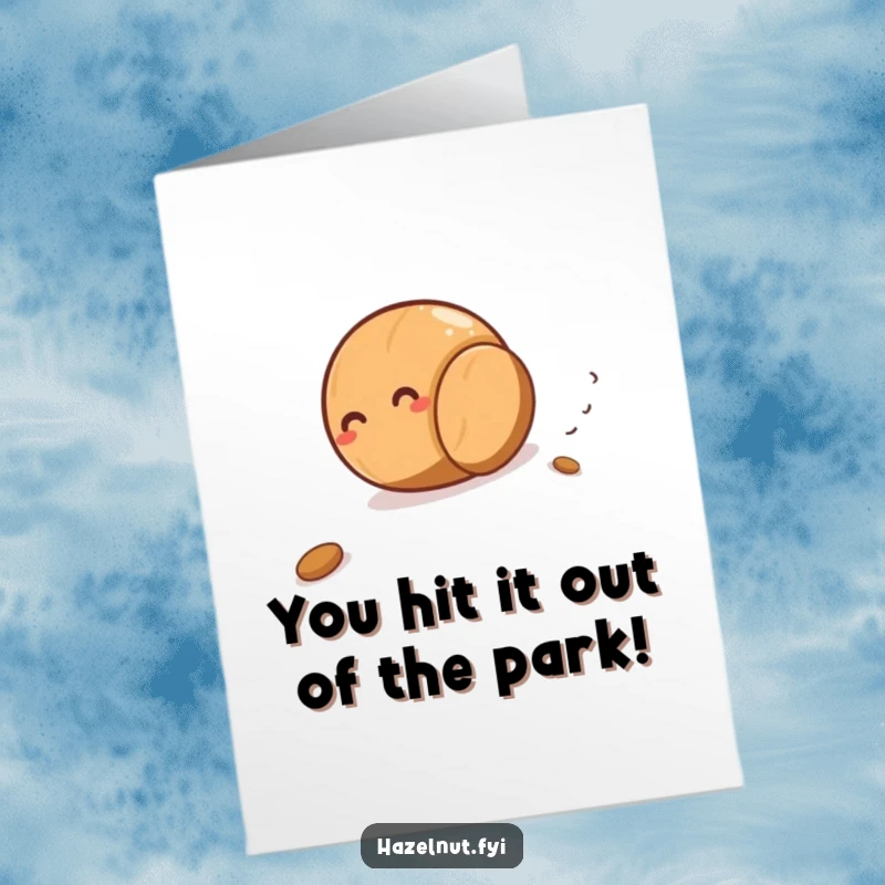 Funny Free Printable Congratulations Card showing a giggling hazelnut rolling downhill, celebrating success with nutty momentum.