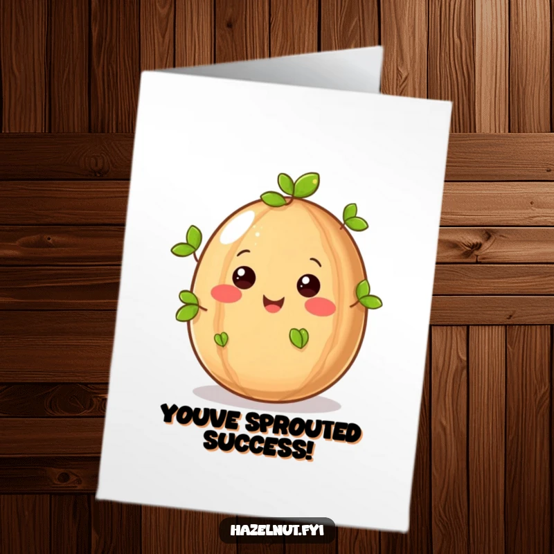 Funny Free Printable Congratulations Card showing a happy hazelnut sprouting leaves, celebrating achievement with nutty enthusiasm.