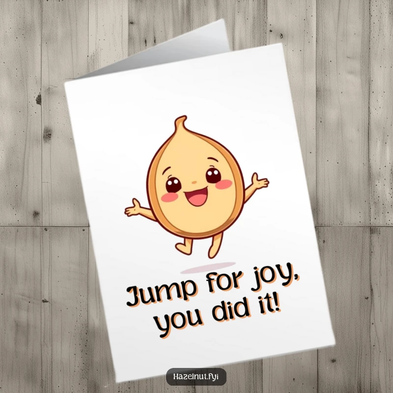 Funny Free Printable Congratulations Card: A hazelnut character grins widely while leaping joyfully.