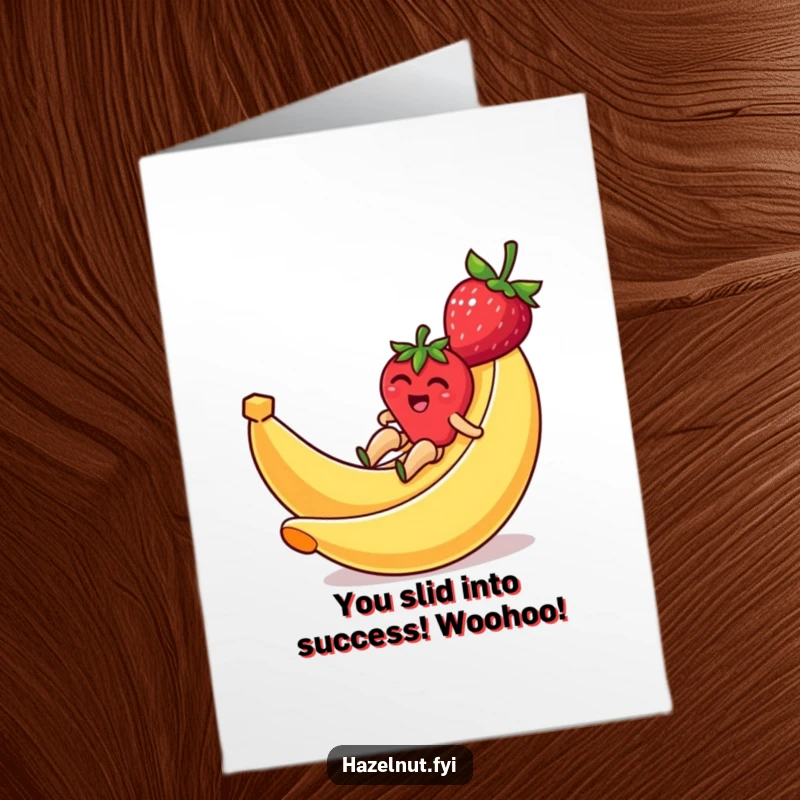 Funny Free Printable Congratulations Card: A joyful strawberry giggling on a banana peel, celebrating a zippy win, print at home.