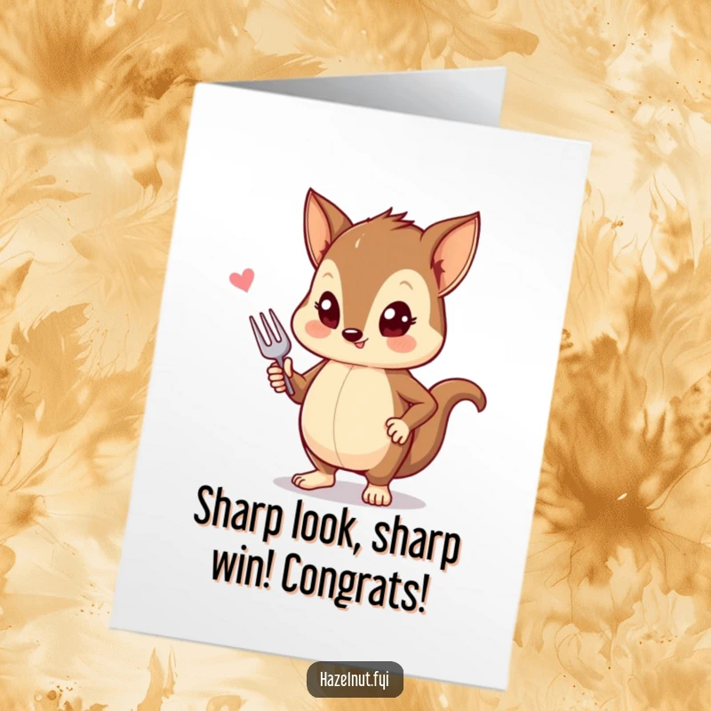 Funny Free Printable Congratulations card shows a stylish hazelnut striking a pose with a tiny fork, exuding confidence and humor.