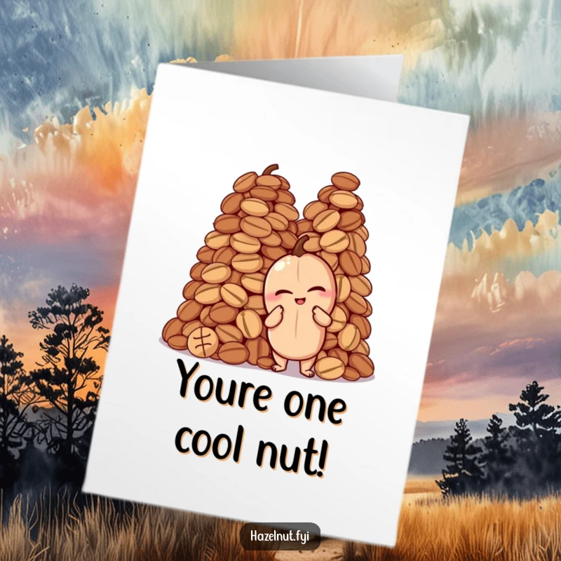 Funny Free Printable Congratulations Card featuring a winking hazelnut striking a proud pose beside a towering pile of nuts, a witty congrats.