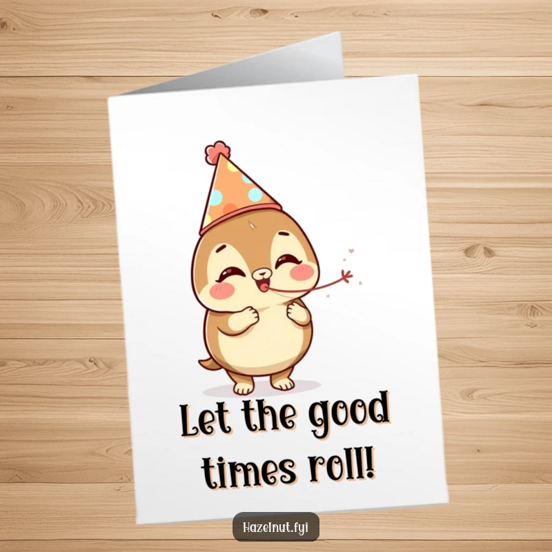 Funny Free Printable Congratulations Card: A giggling hazelnut in a party hat blows a streamer, celebrating your spectacular achievement.