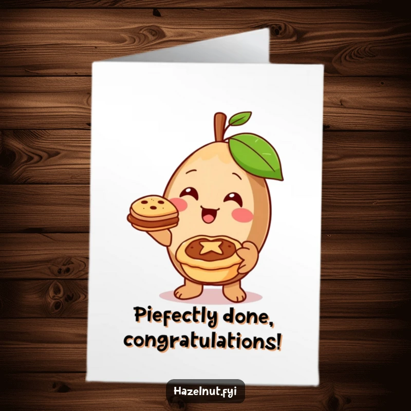 Funny Free Printable Congratulations Card: A cheerful hazelnut offers a miniature pie with a warm smile, celebrating your sweet accomplishments.