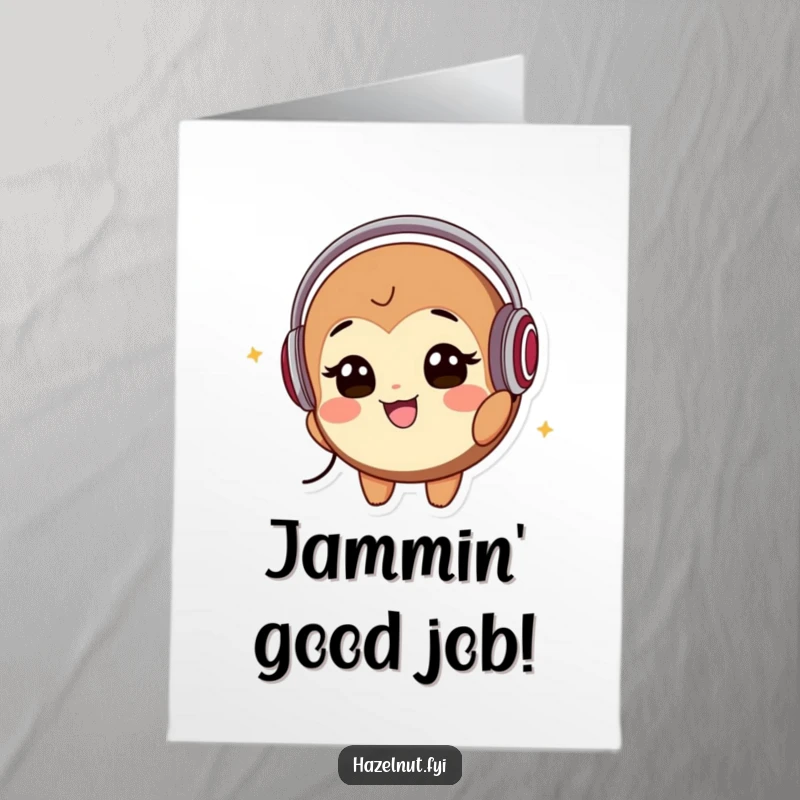 Funny Free Printable Congrats Card: A hazelnut with headphones bobs its head, enjoying the rhythm of success.