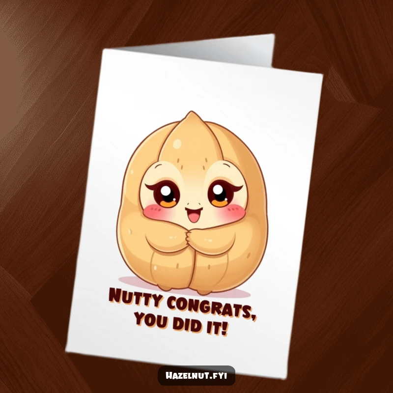 Funny Free Printable Congratulations Card: A cute nutty character embracing a giant hazelnut with ecstatic delight.