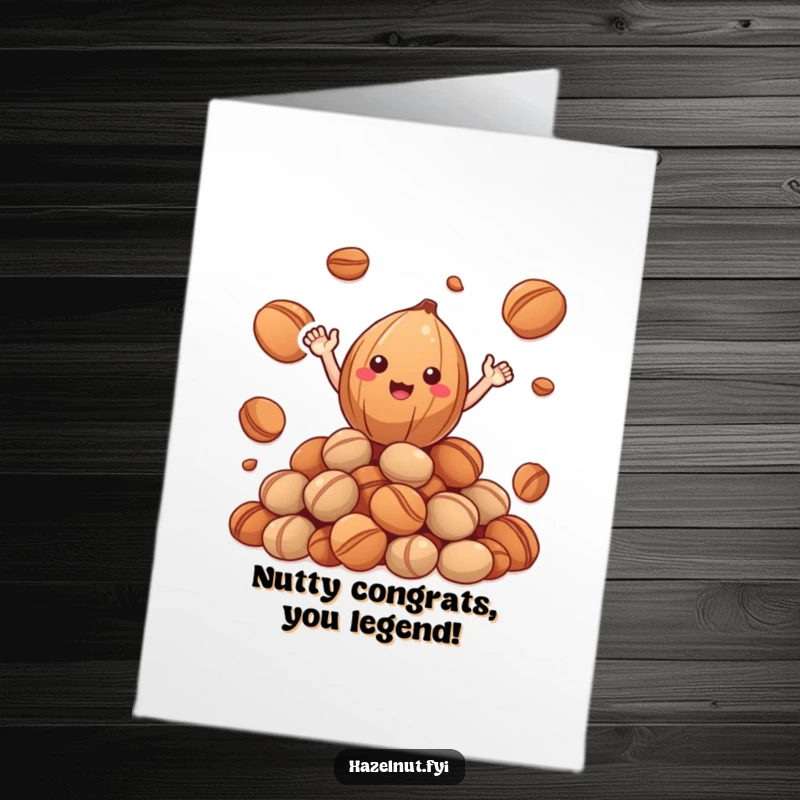 Funny Free Printable Congratulations Card: A delighted hazelnut waving energetically from its perch atop a pile of nuts.