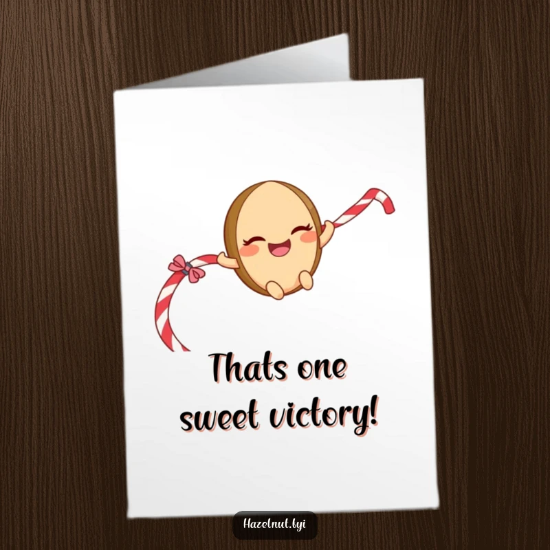 Funny Free Printable Congratulations Card: A giggling hazelnut character with a mischievous grin sliding down a licorice rope, celebrating a bold win.